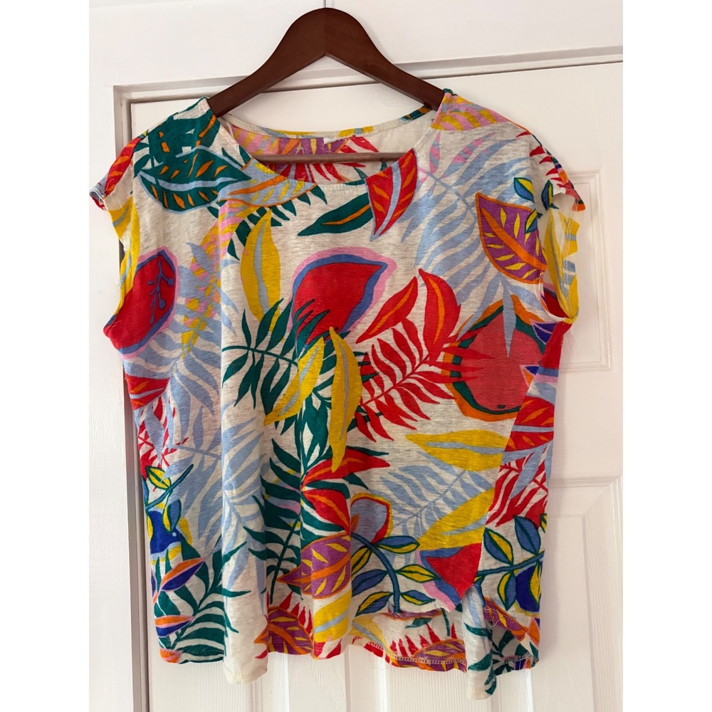 C & C Tropical Leaf Print 100% Linen Knit Cap Sleeve Top Multicolor RN 75343